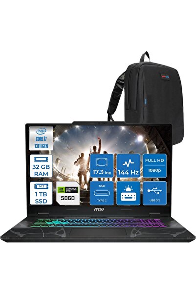 MSI Cyborg 17 I7 13620H 32GB Ddr5 1TB SSD RTX5060 8GB FDOS 17.3" 144HZ IPS B13WFKG210XTRF13+Zetta Çanta