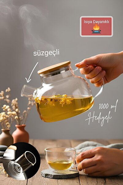 Tutku Home Bambu Kapaklı Borosilikat Cam Demlik - 1 Litre