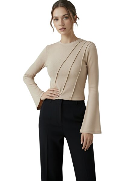 ATALYA ACCESSORY Reverse Stitch Stone Detailed Women's Ribbed Knit Blouse Spa...