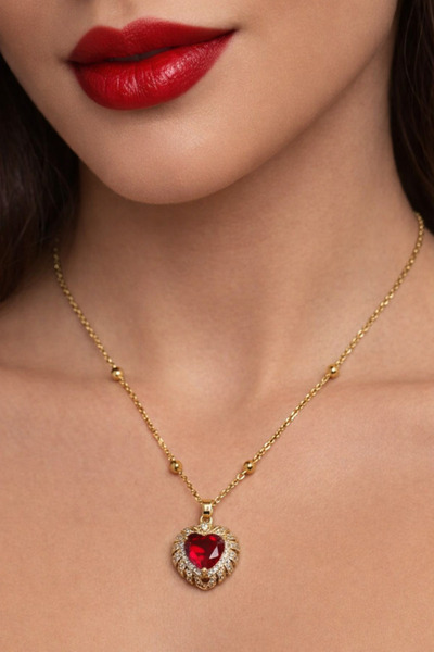 Home Red Heart Zircon Stone Steel Necklace – Gold Color, Ball Chain, Non-Tarn...