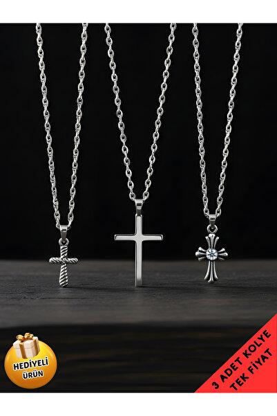 Piercing Market Steel & Silver 3 Lü Set Kombin Haç Kolye Özel Tasarım Hediyel...