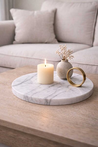 Marbello Doğal Mermer Yuvarlak Sunum Tabağı 30 cm – El Yapımı Dekoratif Merme...