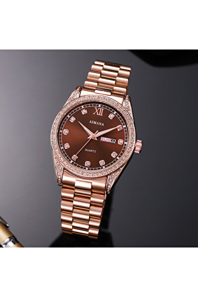 AIMANA Luxury men Watch - Rose Gold, Brown Dial, Crystal Accents, Day & Date