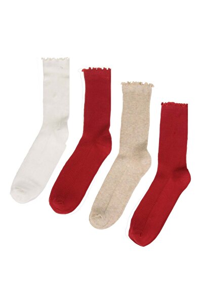 OEM Women's Socks Ecru Beige Red Ribbed with Wavy Edge (36-42) - 4 pairs