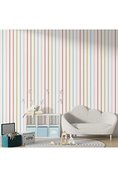 Tasarım Pastel Renkli Çizgili Duvar Kağıdı Poster – Minimal Çocuk Odası Duvar...