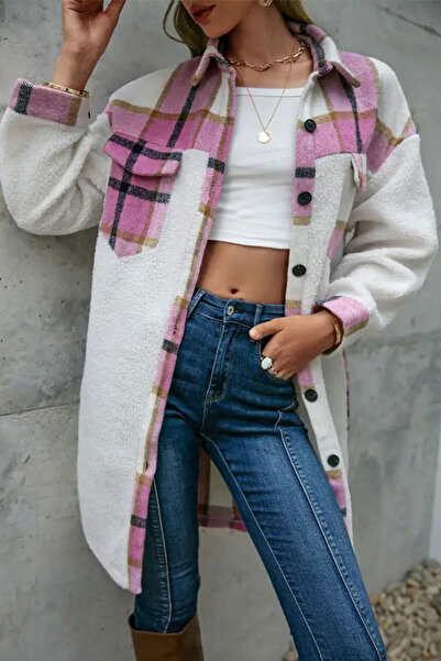 dorbe women's white and pink plaid pattern long shacket winter wear coat plai...