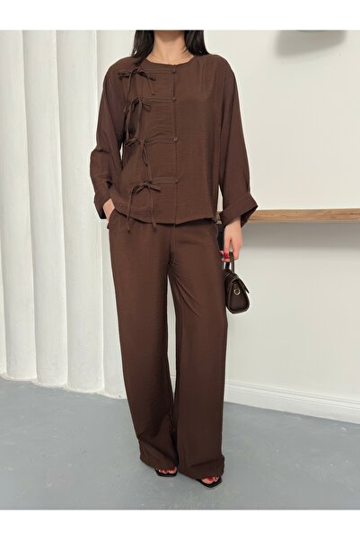 Nazline طقم نسائي من قماش الموسلين بأكمام وأرجل مزينة بشريط أمامي وأزرار، صنع...