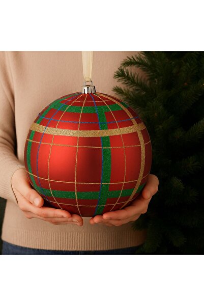 OEM Ornament Brad de Craciun Glob Rosu Mat cu Carouri & Glitter Auriu Ø20cm