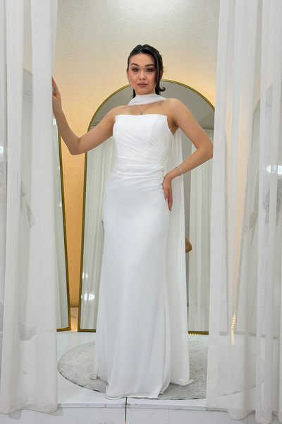 thezkscom Kadın Straplez Drapeli Fularlı Abiye Elbise Siyah, Su Yeşili, Kırmı...