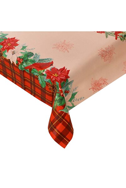 OEM Christmas Decorative Laminated Tablecloth Beige Red with Flowers 180x140cm