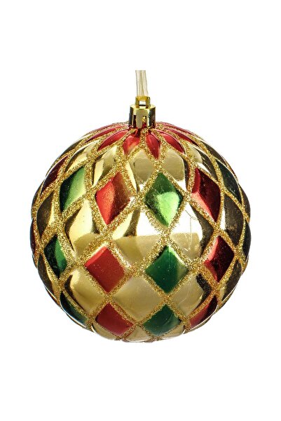 OEM Ornament Brad de Craciun Glob cu Romburi Rosii Verzi & Glitter Auriu Ø10cm