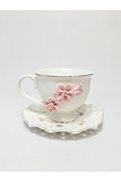 Casalina Ceramic cup and saucer with 3D pink flowers, 200 ml