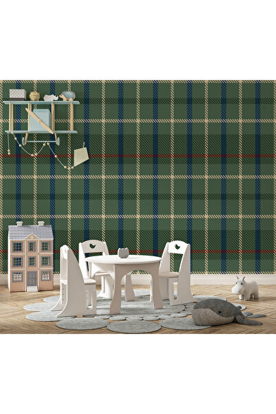 Tasarım Yeşil Ekose Duvar Kağıdı Poster – Klasik Kareli Çocuk Odası Duvar Dekoru