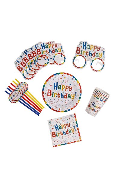 OEM Ecru Party Set with Colorful Pattern "Happy Birthday" - 30 pieces