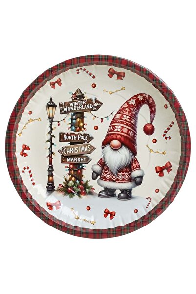 OEM Farfurie Decorativa de Craciun Metalica Ecru cu Model Carouri & Gnome Ø26cm