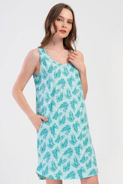 VİENETTA Women's Thick Strap Pocketed Leaf Patterned Mint Nightgown Tunic C1T...