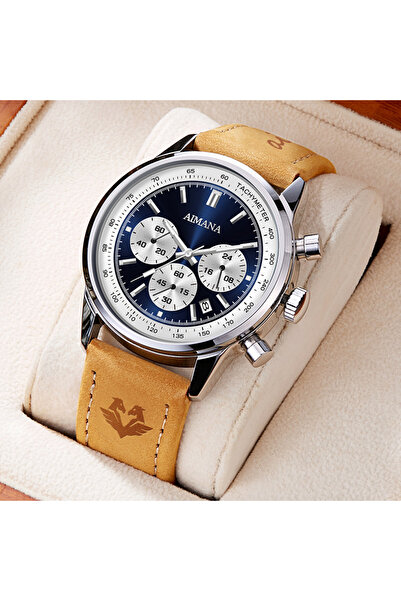 AIMANA Premium Men's Wristwatch | Chronograph, Blue Dial, Brown Suede Leather...