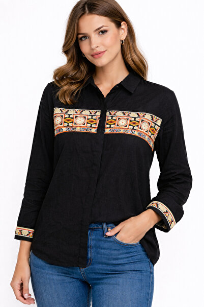 Nobrand Women's Black Shirt with Traditional Embroidery, Long Sleeves, Elegan...