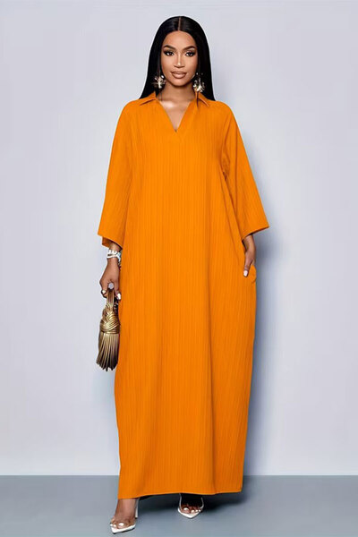 dorbe ribbed pattern collar v neck long sleeves women's maxi kaftan dress