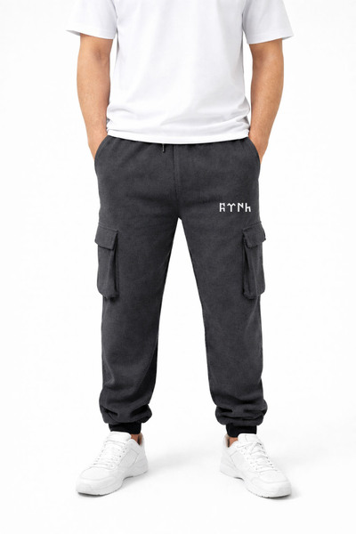 MODA Turkish Bozkurt Kurt Göktürkçe Printed Anthracite Cargo Pocket Rubber Le...