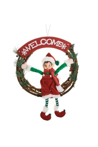 OEM Coronita din Lemn Decorativa de Craciun cu Spiridus "Welcome" Ø33cm