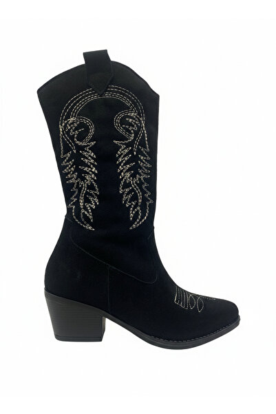 iskarpino Women's Heeled Suede Black Embroidered Cowboy Boots