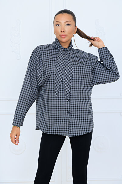 MODAMERSİ Women's Black Plaid Patterned Shirt with Scarf Detail