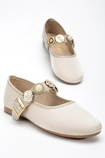 bakacstore Women's Beige Gold Accessorized Stylish Shiny Fabric Ballerinas