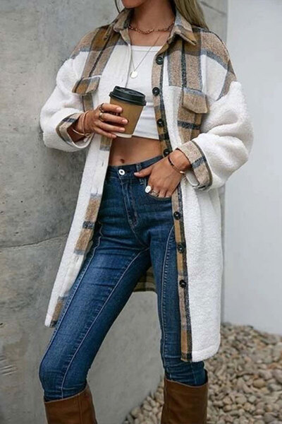 dorbe women's white and pink plaid pattern long shacket winter wear coat plai...