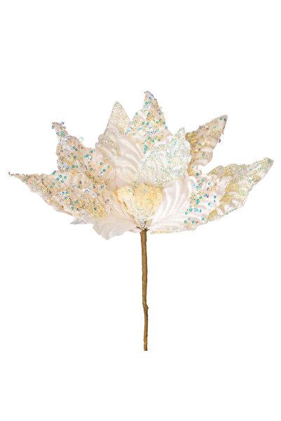 OEM Floare Decorativa de Craciun Ecru Catifelata cu Glitter Holografic 33cm