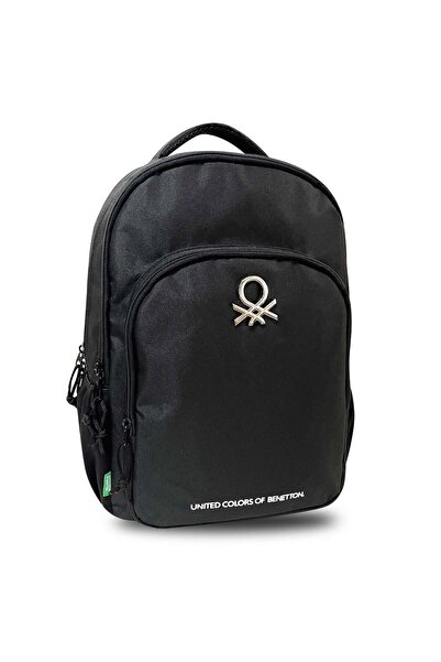 OEM Ghiozdan Negru Dublu cu Element Metalic Logo 30x18x44cm - Benetton