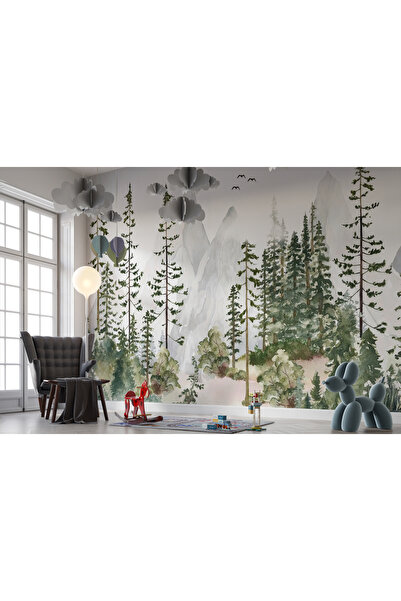 Tasarım Orman ve Dağ Manzaralı Duvar Kağıdı Poster – Suluboya Doğa Temalı Çoc...