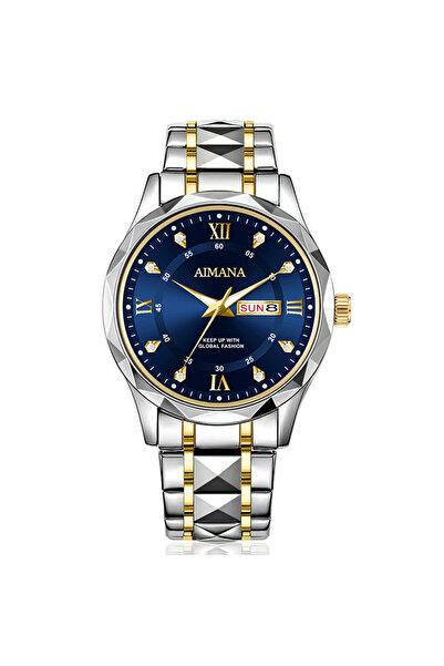 AIMANA Luxury Men's Watch - Two-Tone Gold & Silver, Blue Dial, Crystal Accent...