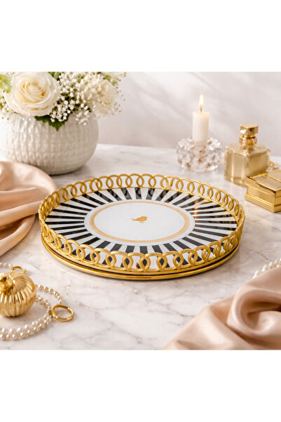 Pembelia Life Kuş Desenli Siyah Beyaz Lüx Şık Sunum Tepsisi Özel Davet Tepsi