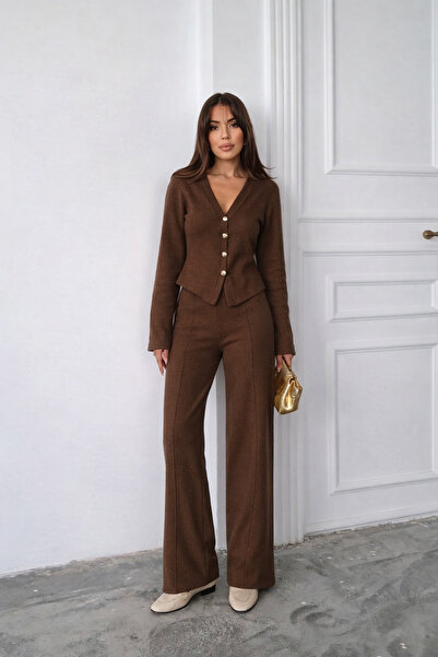 Paw Garage طقم سترة نسائية بأزرار أمامية من قماش سالونيك وبنطلون كيمالو