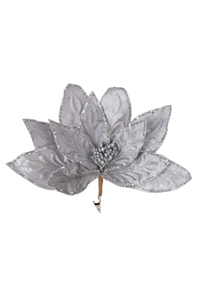 OEM Decorative Christmas Flower Grey with Silver Glitter & Clips 32cm