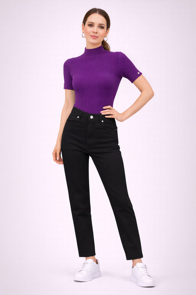 Forest Girl Yarım Balıkçı Yaka Rib Kısakollu Triko Bluz