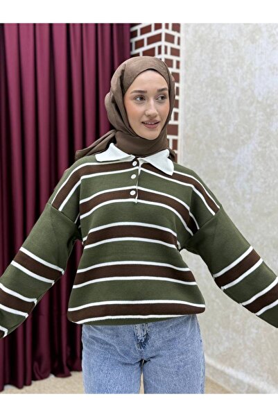 İLGEN FASHİON Polo Collar Oversized Striped Sweater