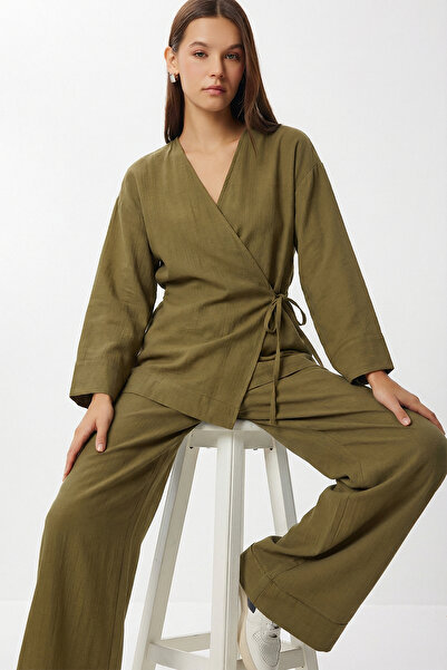 Lovelyİstanbul Tie-Dye Detailed Muslin Kimono Set Lzh0020 Khaki