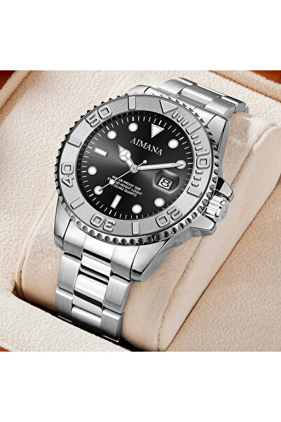 AIMANA Classic Men's Watch - Diver Inspired, Black Dial, Stainless Steel, Dat...
