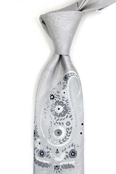Kravatkolik Gazzina Style Gray Shawl Pattern Italian Silk Tie İk2277