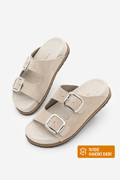 Marjin Γυναικείες παντόφλες από γνήσιο δέρμα με διπλό λουράκι και ασημί αγκρά...