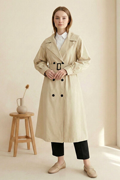 Kirazgym Balloon Sleeve Buckle Belted Side Pocket Trench Coat - Beige