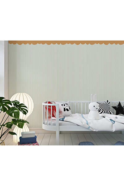 Tasarım Yeşil Çizgili Scalloped Bordürlü Duvar Kağıdı Poster – Modern Çocuk O...