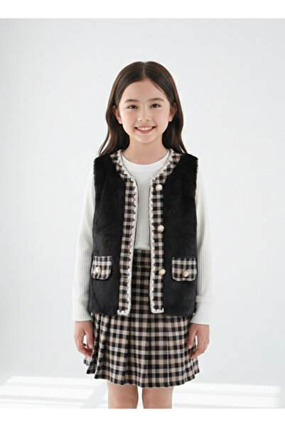 MeaShop Girl's 3-Piece Set with Black Fur Vest and Plaid Pleated Skirt
