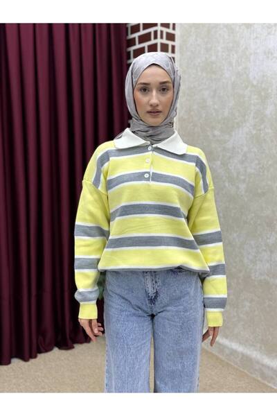 İLGEN FASHİON Polo Collar Oversized Striped Sweater
