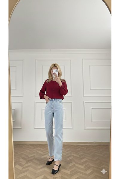 sion jeans Women's Snow Mom Snow Washed Light Blue Mom Jeans Flared Leg Trousers