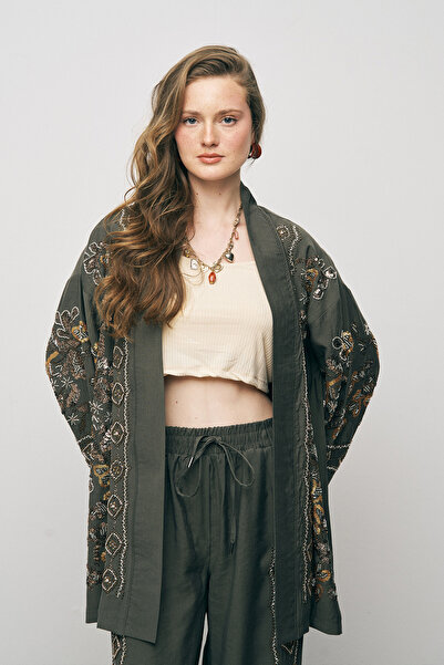 Orfeo Negro Kimono de lux din liosel, brodat etnic și cu paiete, pentru femei