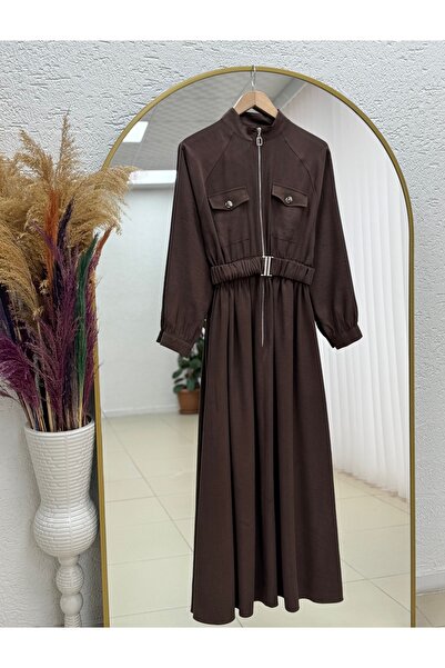 MİHRA STORE Ulku Belted Drawstring Half Zipper Double Pocket Dress-Mn801 Brown