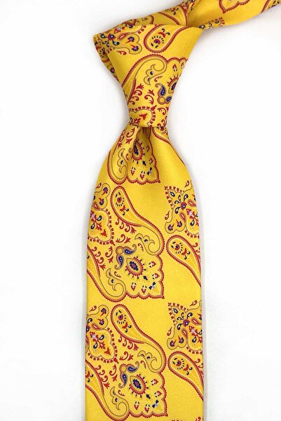 Kravatkolik Nota Style Yellow Motif Pattern Italian Silk Tie İk2261